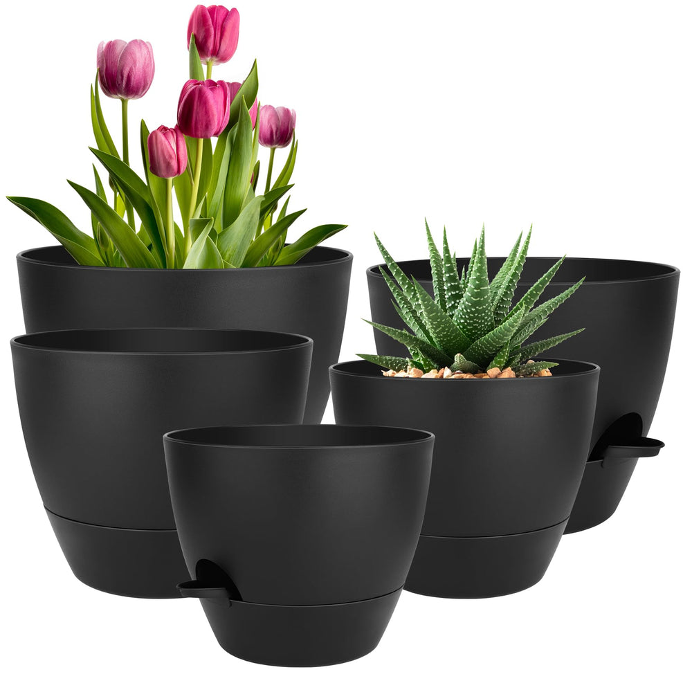 QRRICA front view of five black planters showing modern matte finish and neat silhouette