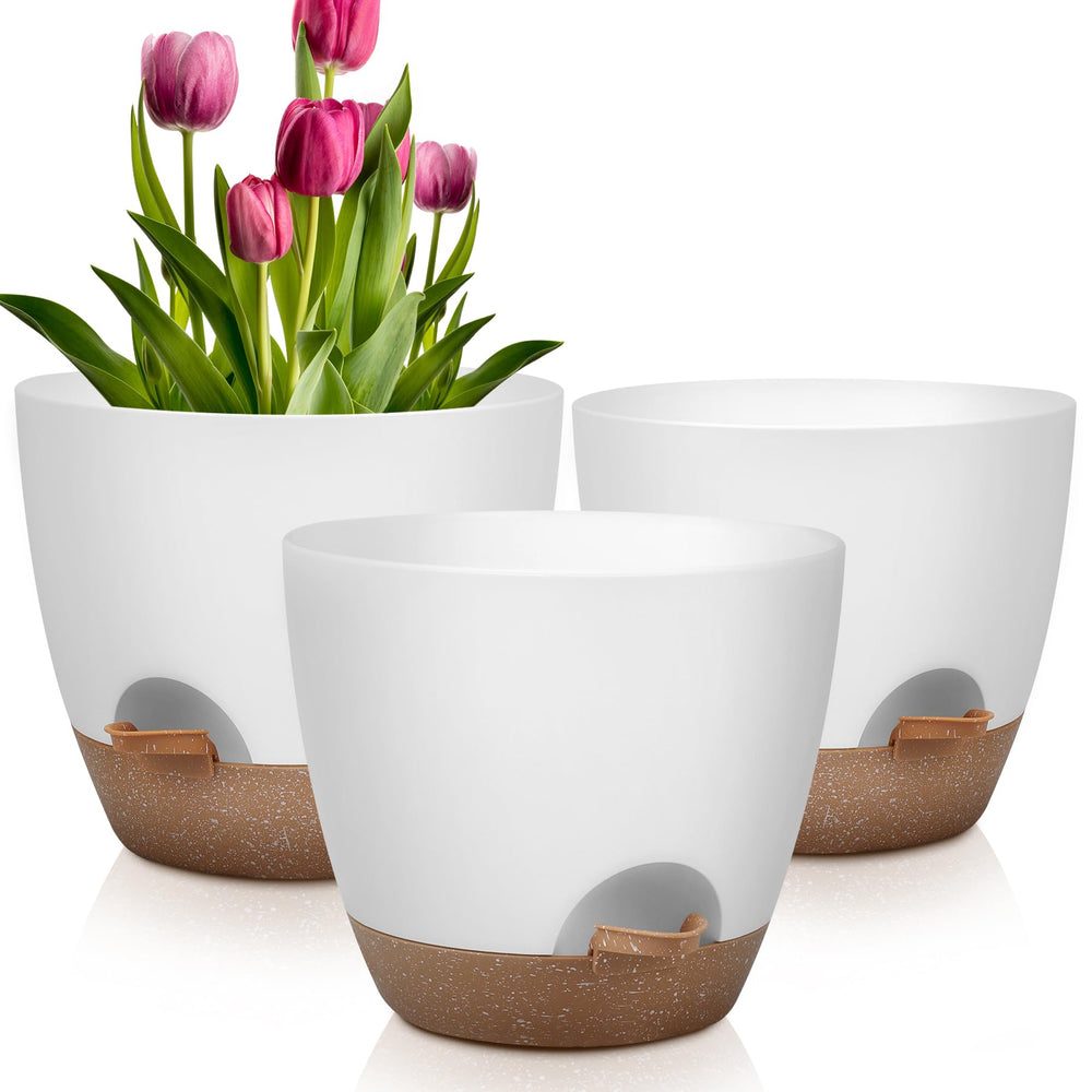 QRRICA front view of three white planters showing modern matte finish and sizes