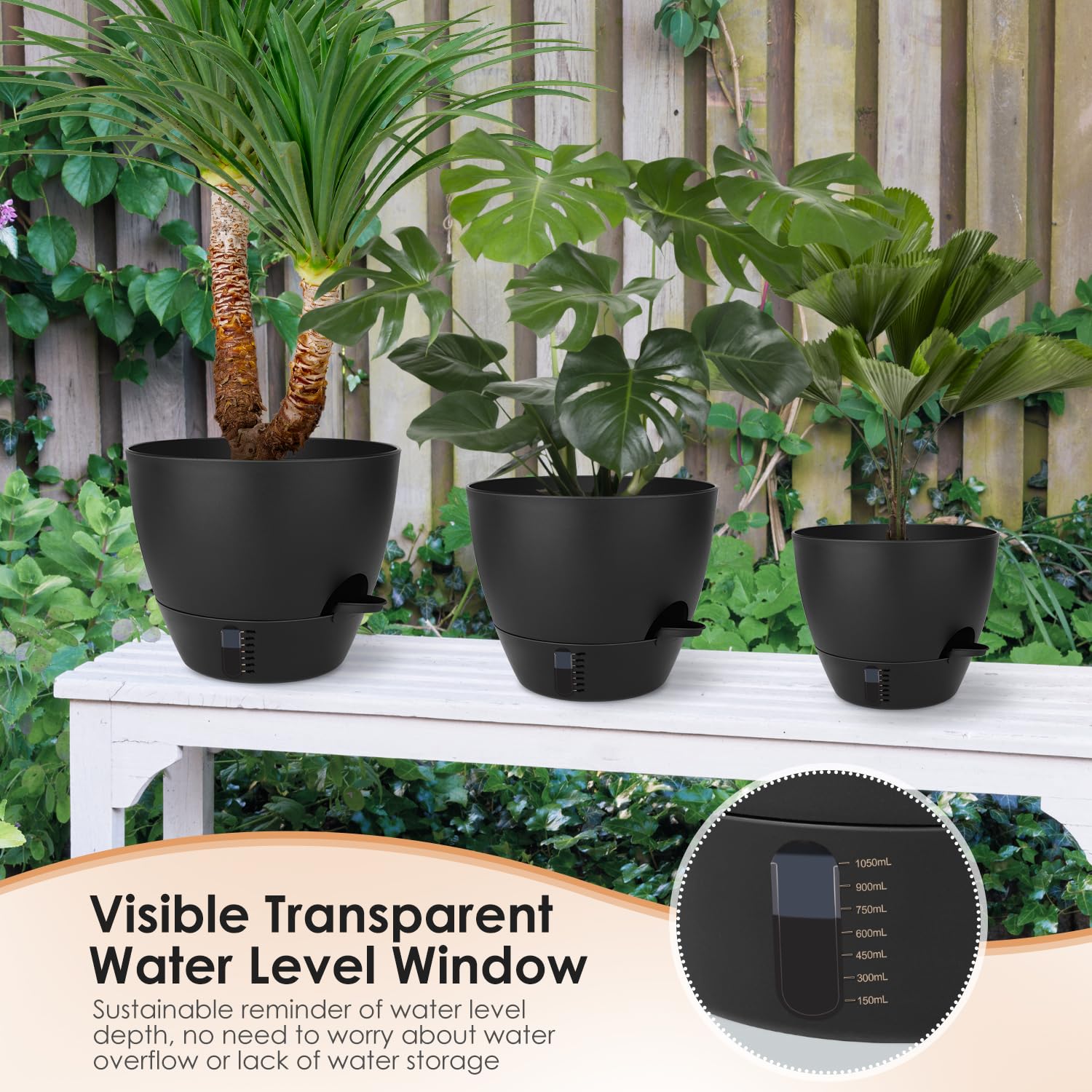QRRICA three planters side-by-side showing relative sizes for correct plant choice