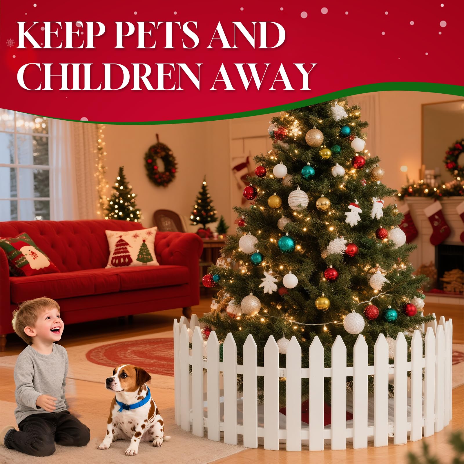 Qsbon fence encircling a tabletop tree protecting ornaments and pets benefit
