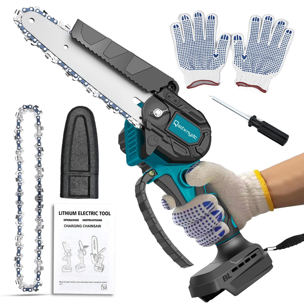 QSDXNYDC mini chainsaw front view showing compact design and port for Makita battery