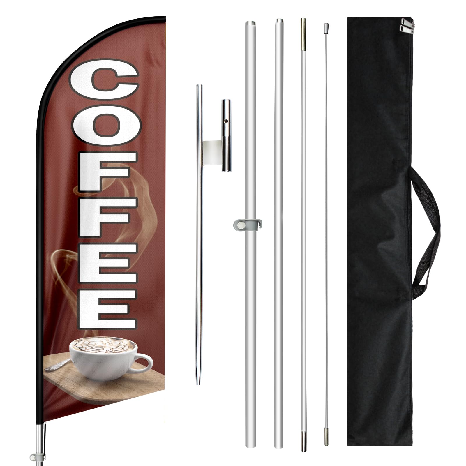 QSUM front view of coffee swooper flag showing clear branding and high visibility