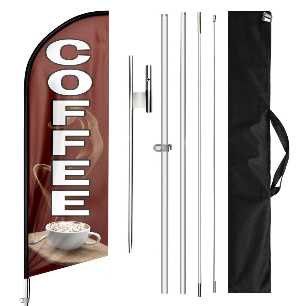 QSUM front view of coffee swooper flag showing clear branding and high visibility
