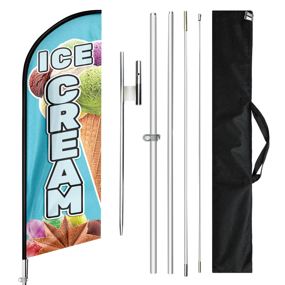 QSUM front view of ice cream feather flag showing bold graphic and clear message for visibility