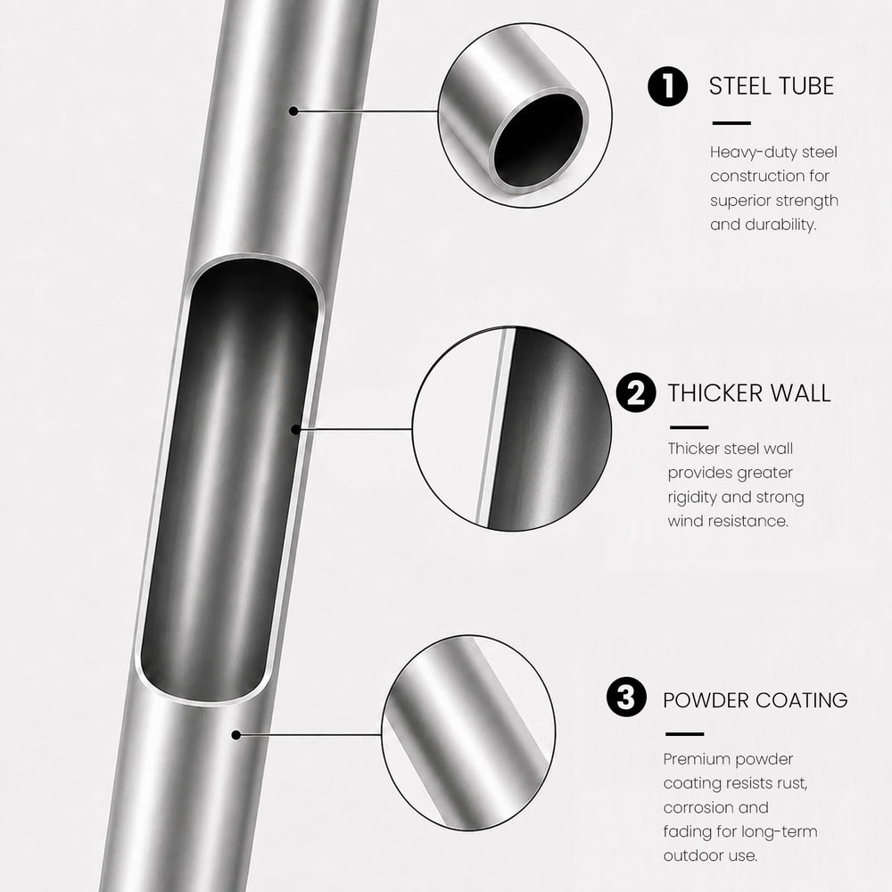 QSUM stainless-steel pole and ground spike detail for secure setup