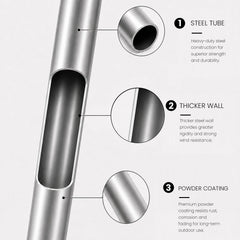 QSUM stainless-steel pole and ground spike detail for secure setup