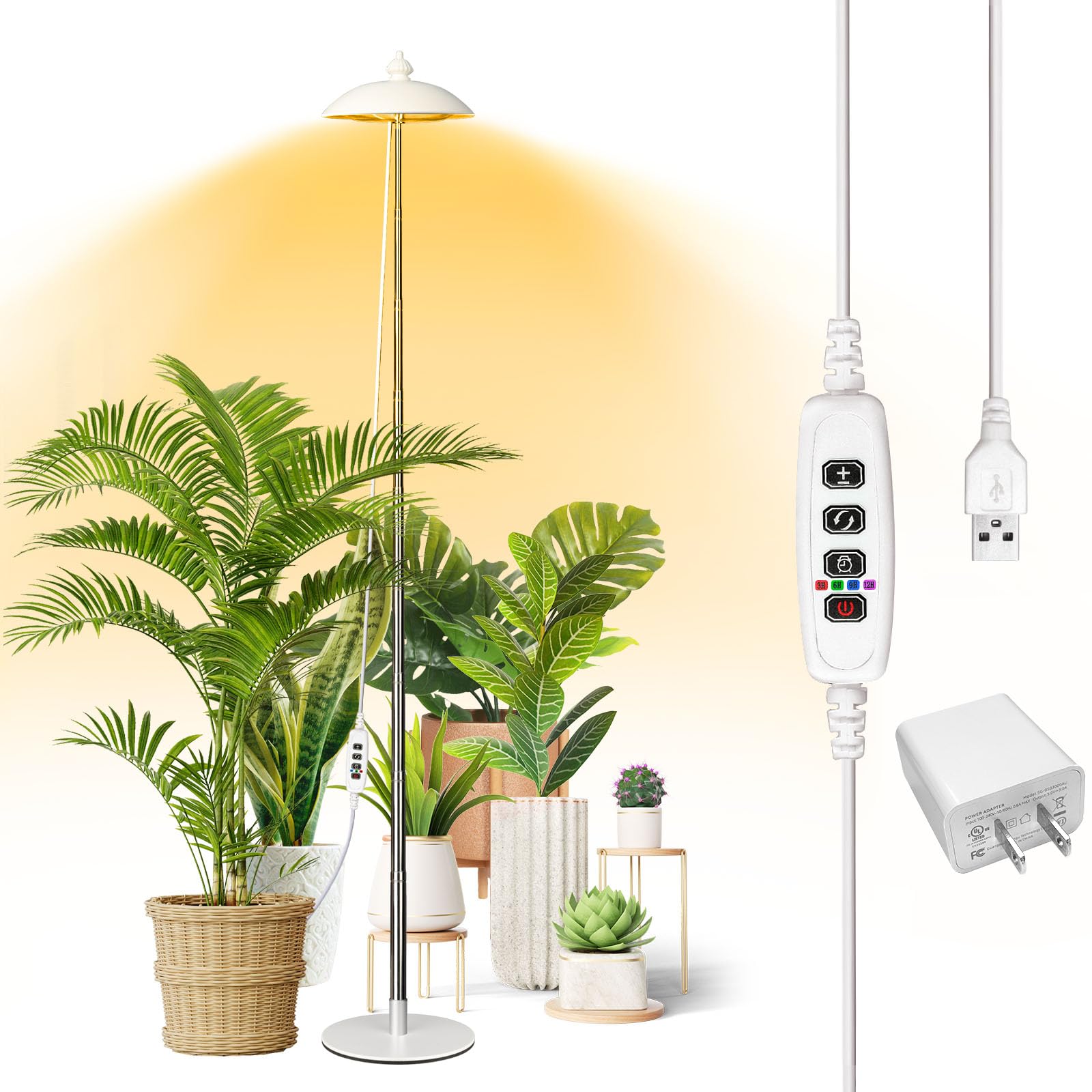 Qtittu front view floor grow light showing lamp and base, promotes balanced plant growth