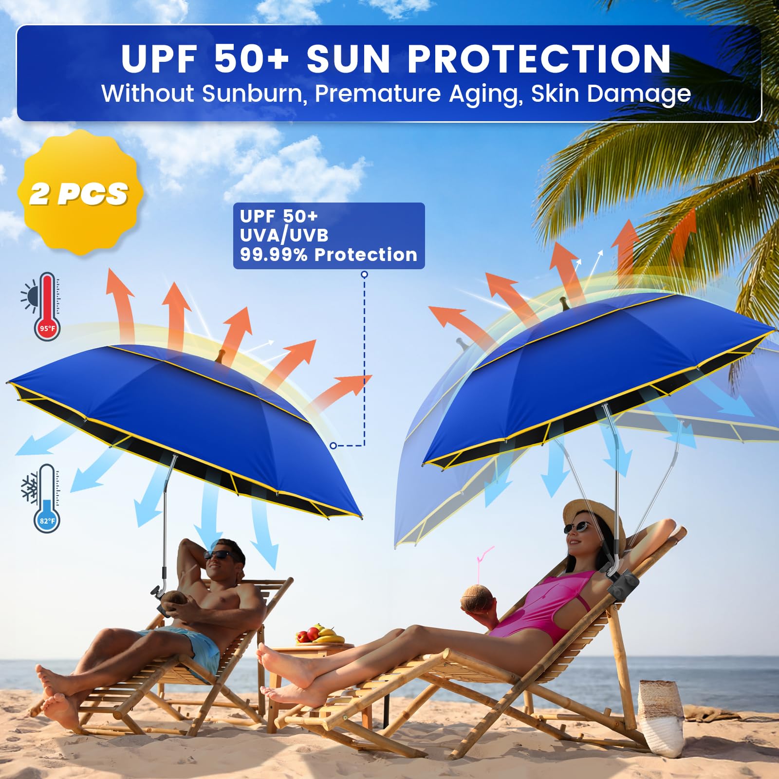 QTREE intelligence umbrella in use on beach keeps two people shaded