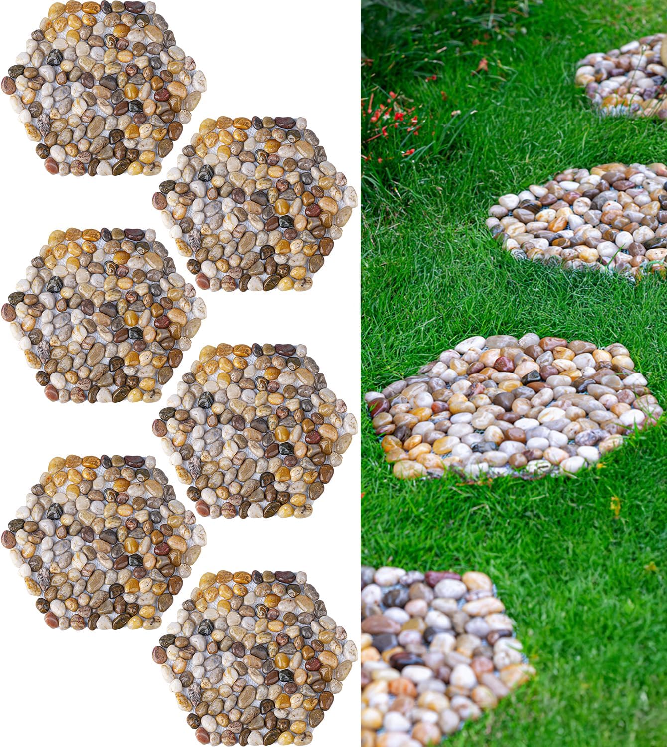 Qualdout front view of six hexagon stepping stones showing shape and finish benefit curb appeal