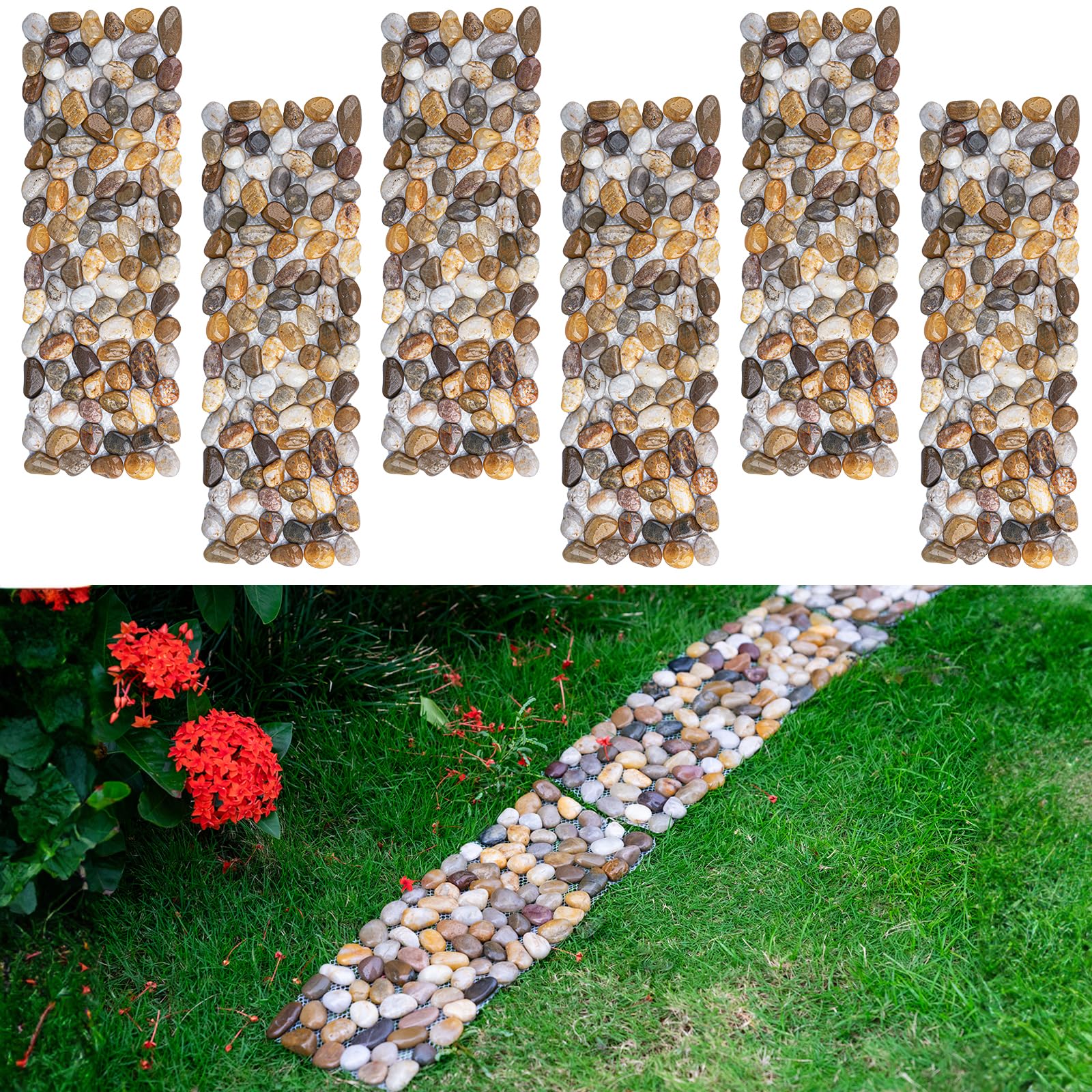 Qualdout front view of six rectangular pebble stepping stones, shows durable ready-to-lay set