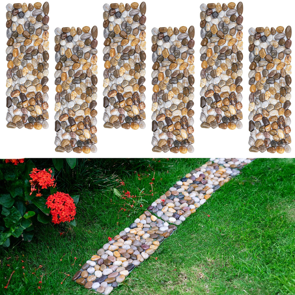 Qualdout front view of six rectangular pebble stepping stones, shows durable ready-to-lay set