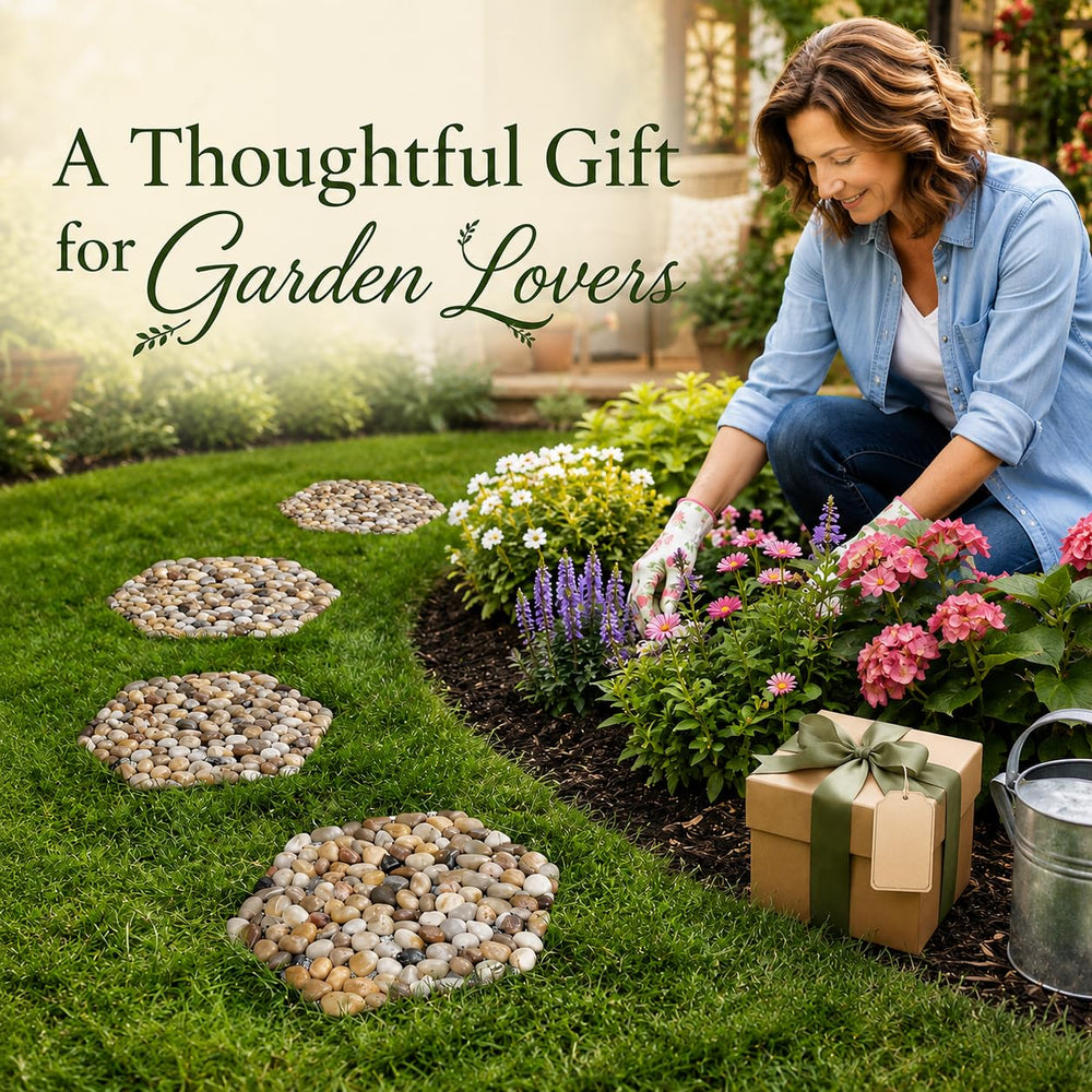 Qualdout stones on mulch and gravel showing versatility for different landscape surfaces