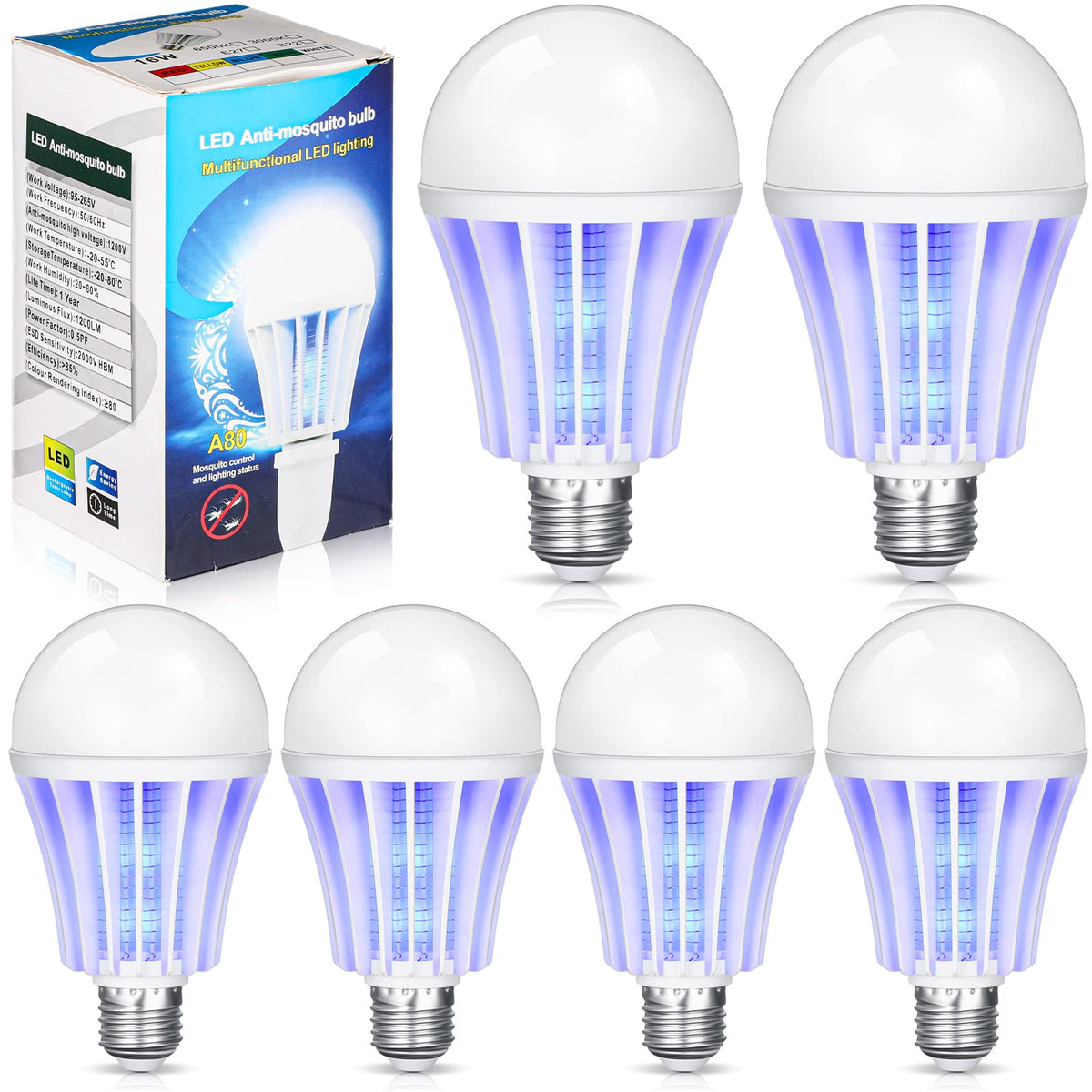 Qualirey front packaging showing six bug zapper bulbs and benefits of combined lighting and insect control