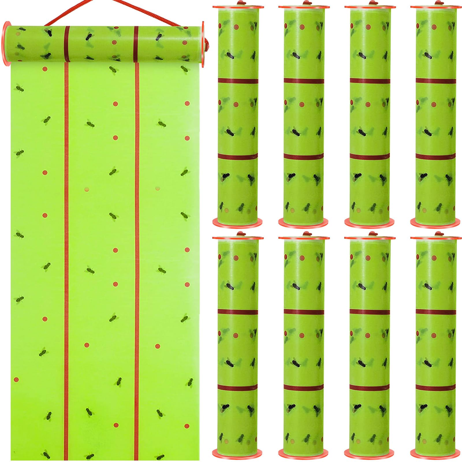 Qualirey front packaging showing 8 fluorescent green fly trap rolls and benefits