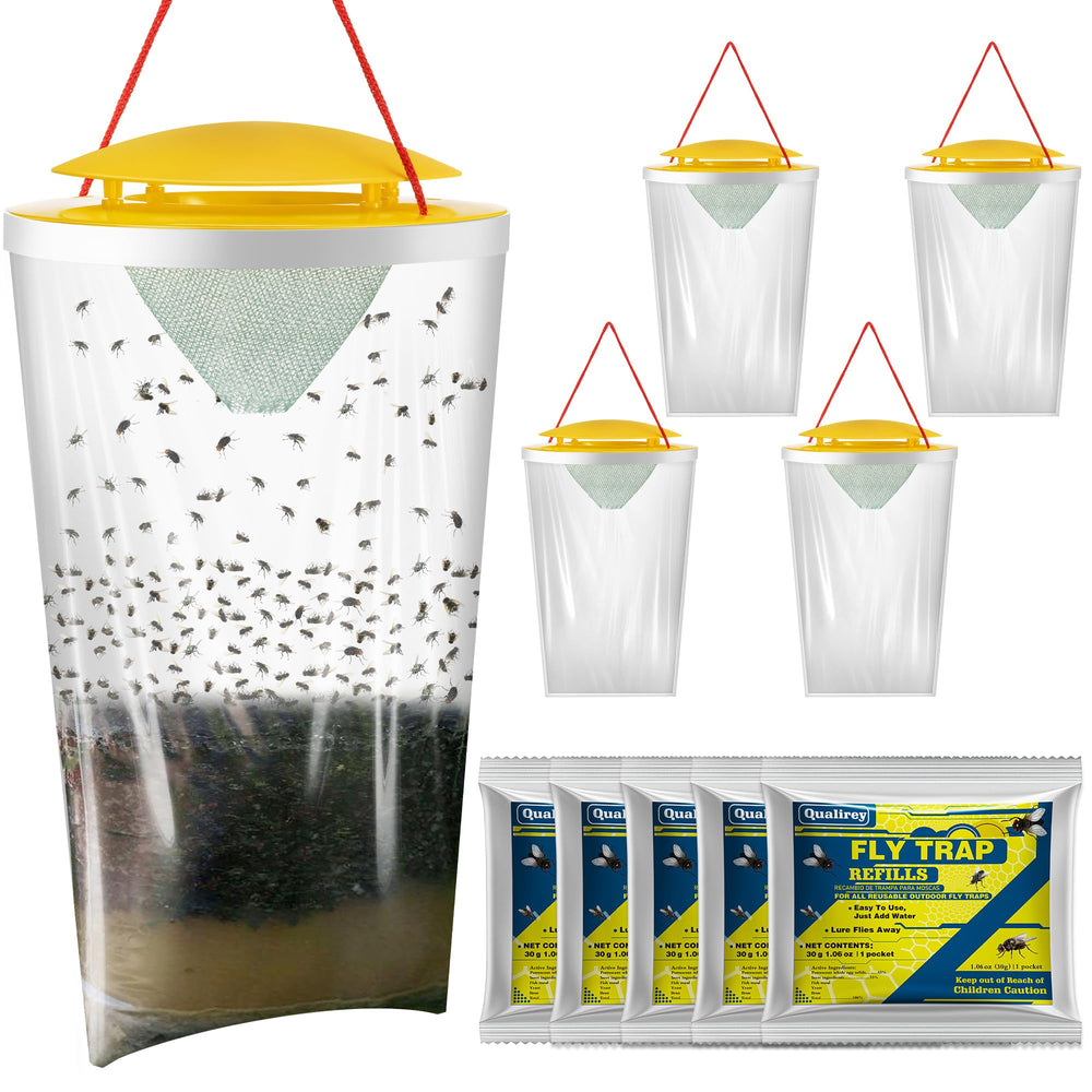 Qualirey front packaging showing five large fly bags, clear benefit: high-capacity control