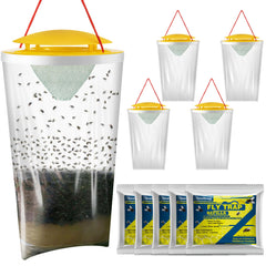 Qualirey front packaging showing five large fly bags, clear benefit: high-capacity control
