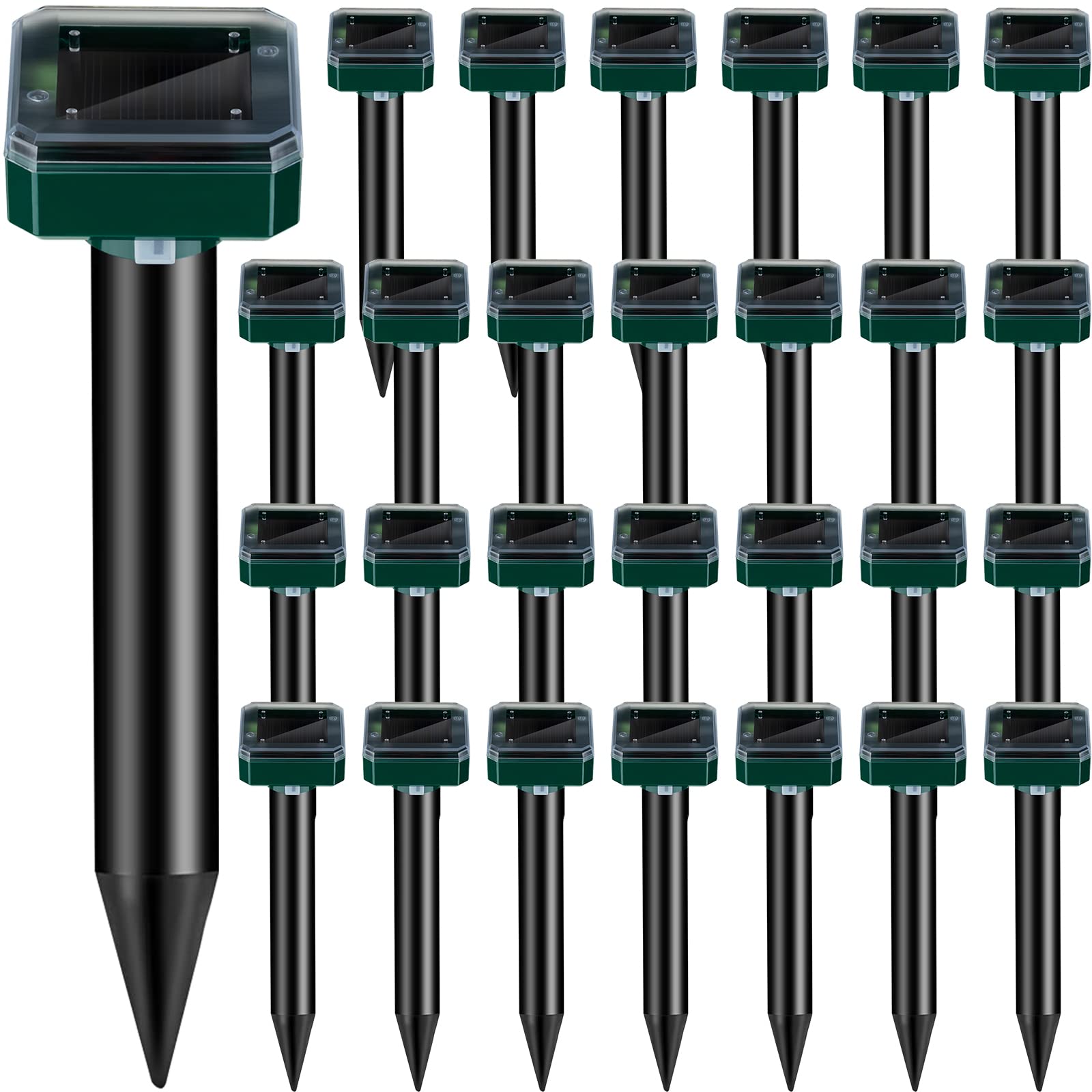 Qualirey front view of 28-pack showing square stakes and solar heads benefits easy coverage