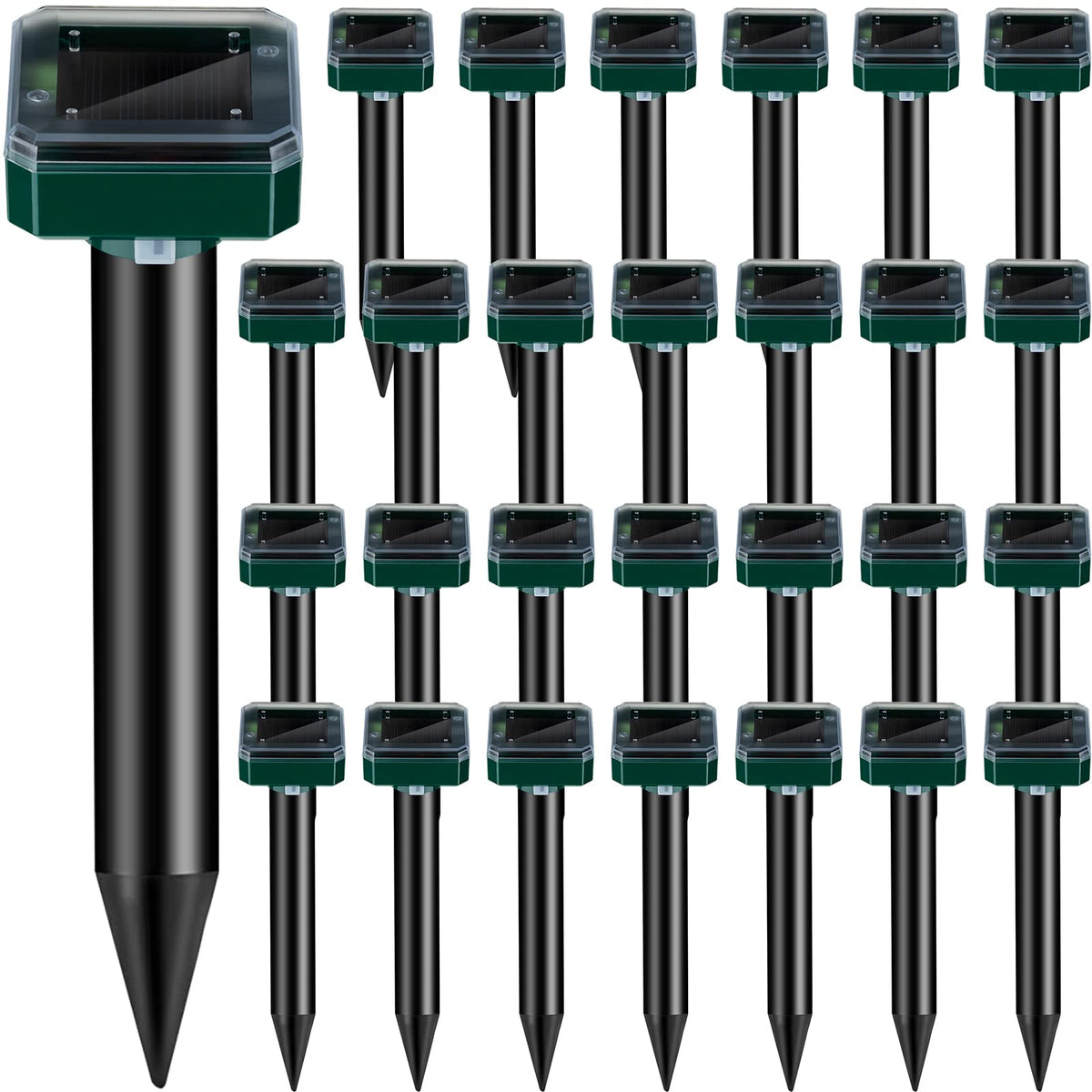 Qualirey front view of 28-pack showing square stakes and solar heads benefits easy coverage