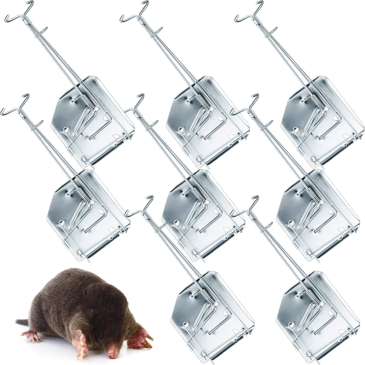 Qualirey front view of eight traps showing compact pack and clear labeling for easy identification