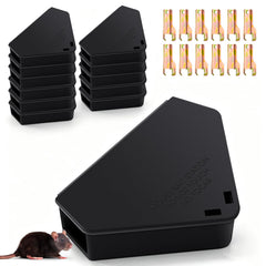 Qualirey front view of 12 black triangle bait stations, organized and compact for home pest control