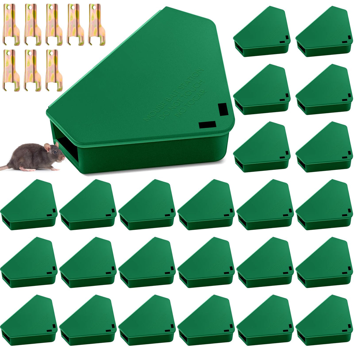 Qualirey front view of 24 green triangle bait stations showing compact pack and benefits