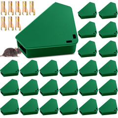 Qualirey front view of 24 green triangle bait stations showing compact pack and benefits
