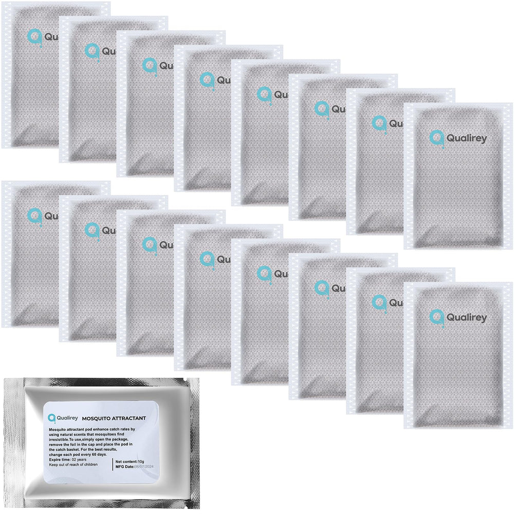 Qualirey front packaging showing 16 sealed attractant pouches and benefits