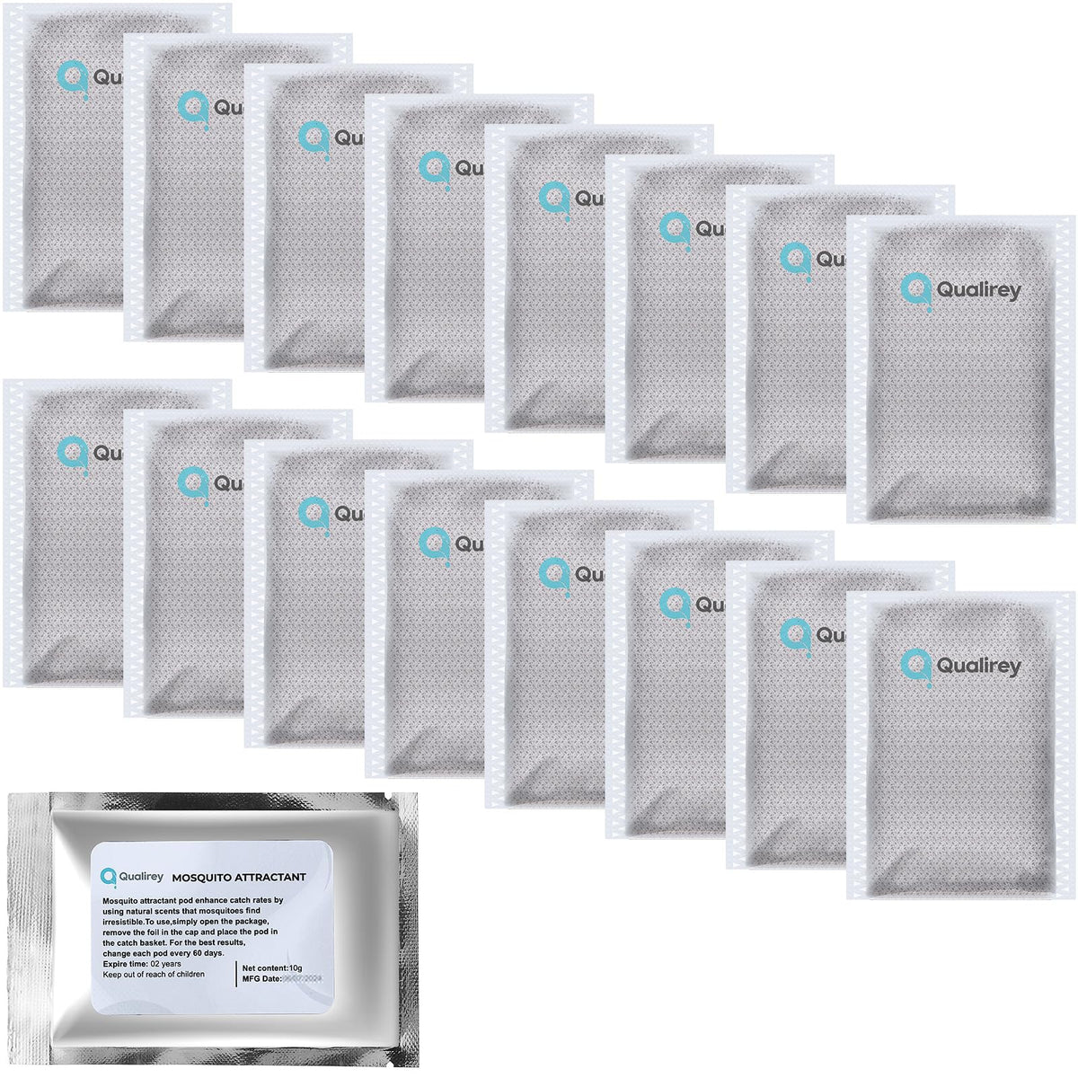 Qualirey front packaging showing 16 sealed attractant pouches and benefits