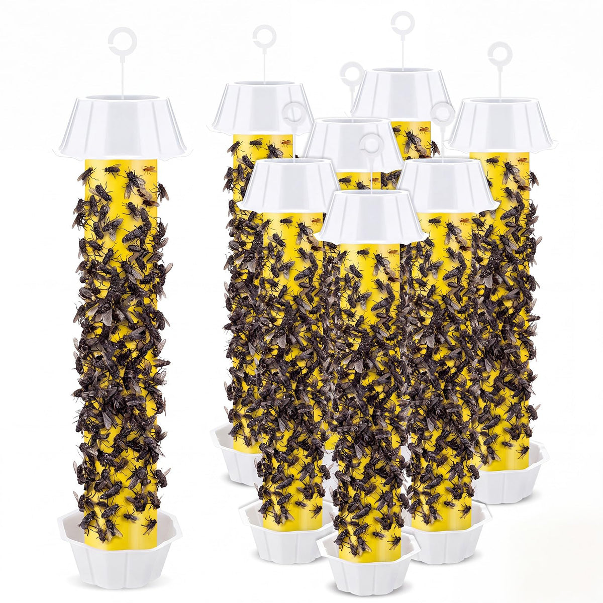 Qualirey front packaging showing eight yellow hanging sticky fly traps and hooks, easy setup