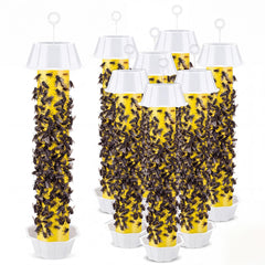 Qualirey front packaging showing eight yellow hanging sticky fly traps and hooks, easy setup