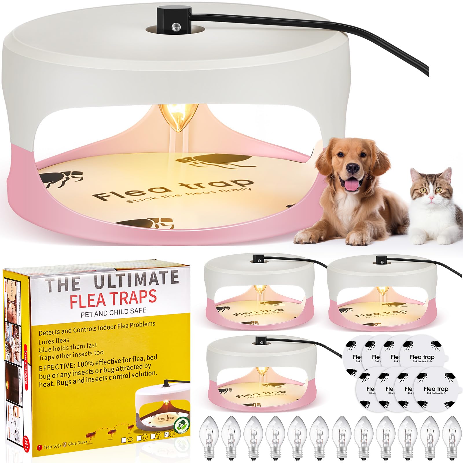 Qualirey front packaging showing four round traps and accessories for quick setup