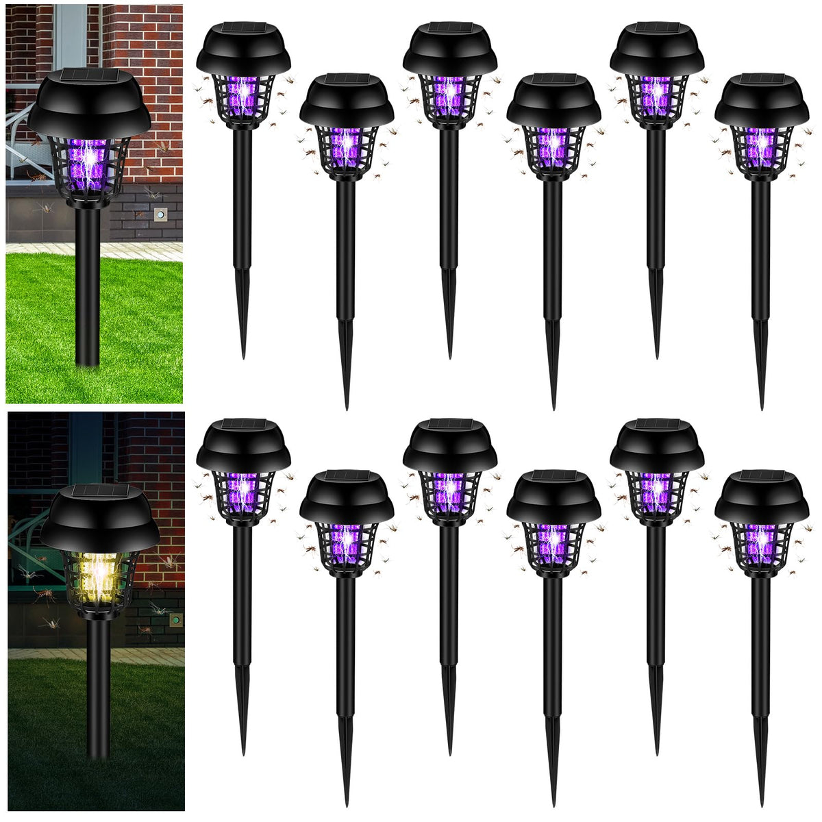 Qualirey front view of 12-piece solar bug zapper set showing compact lamps and benefits