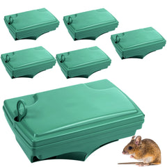 Qualirey front view of six green bait stations showing durable construction and organized storage