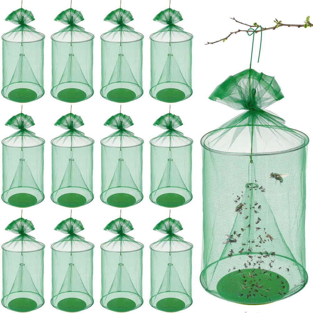 Qualirey hanging fly trap front view showing full cage and hanging hook for wide coverage