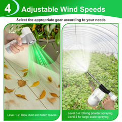 Qualirey in use spraying diatomaceous earth on garden bed, speeds pest control tasks