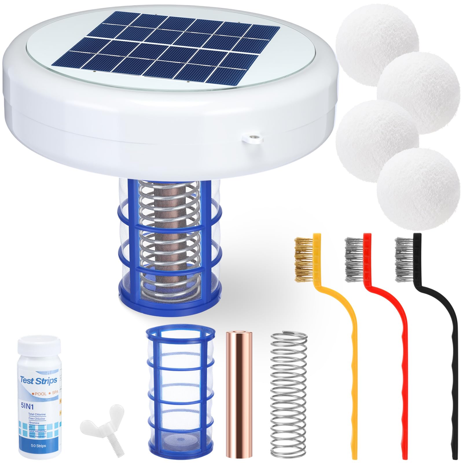 Qualirey ionizer front view floating on water showing solar panel and housing for easy upkeep