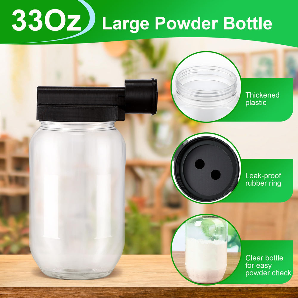 Qualirey large 33oz powder bottle attached, reduces refills for extended jobs