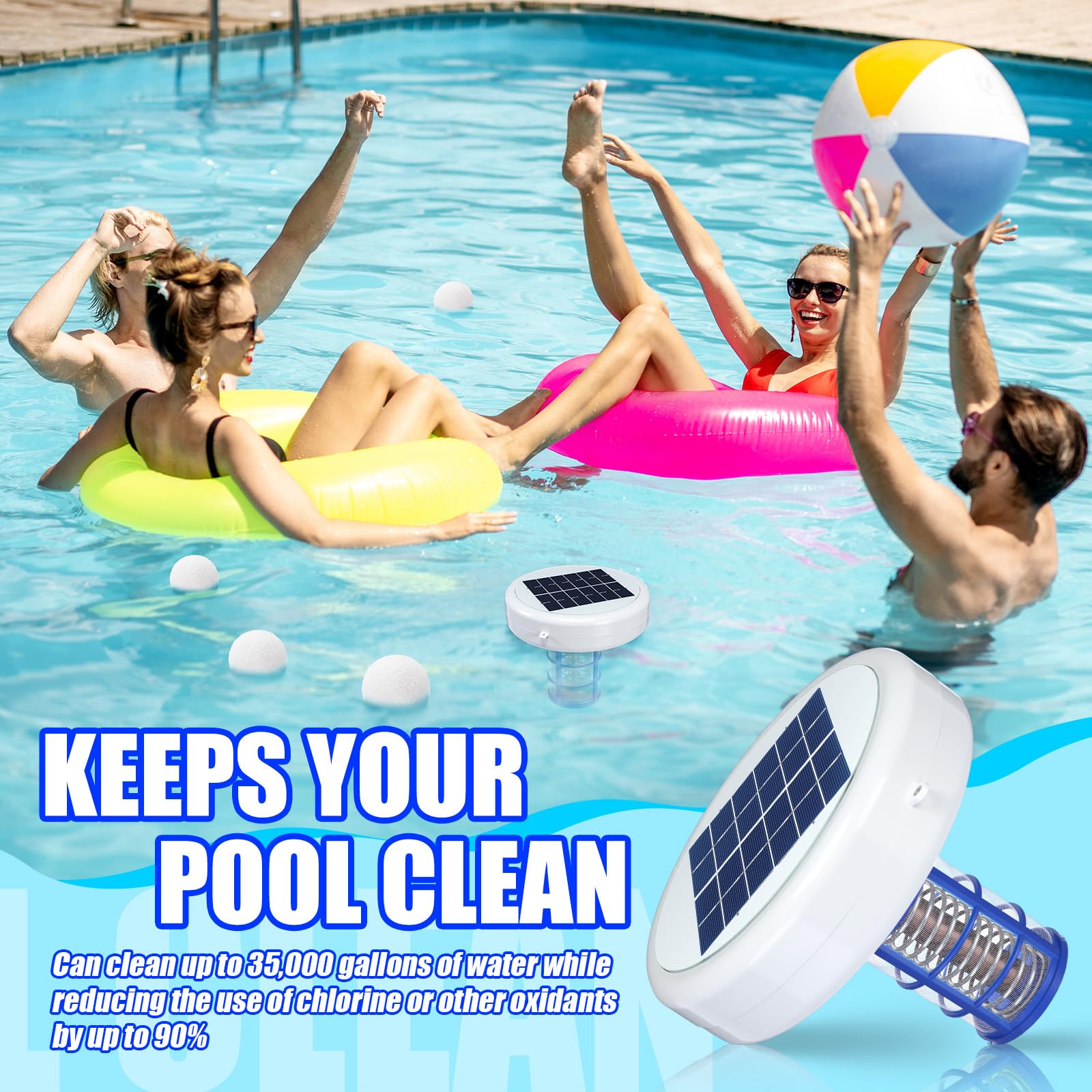 Qualirey lifestyle shot poolside with ionizer and collection balls illustrating relaxed maintenance