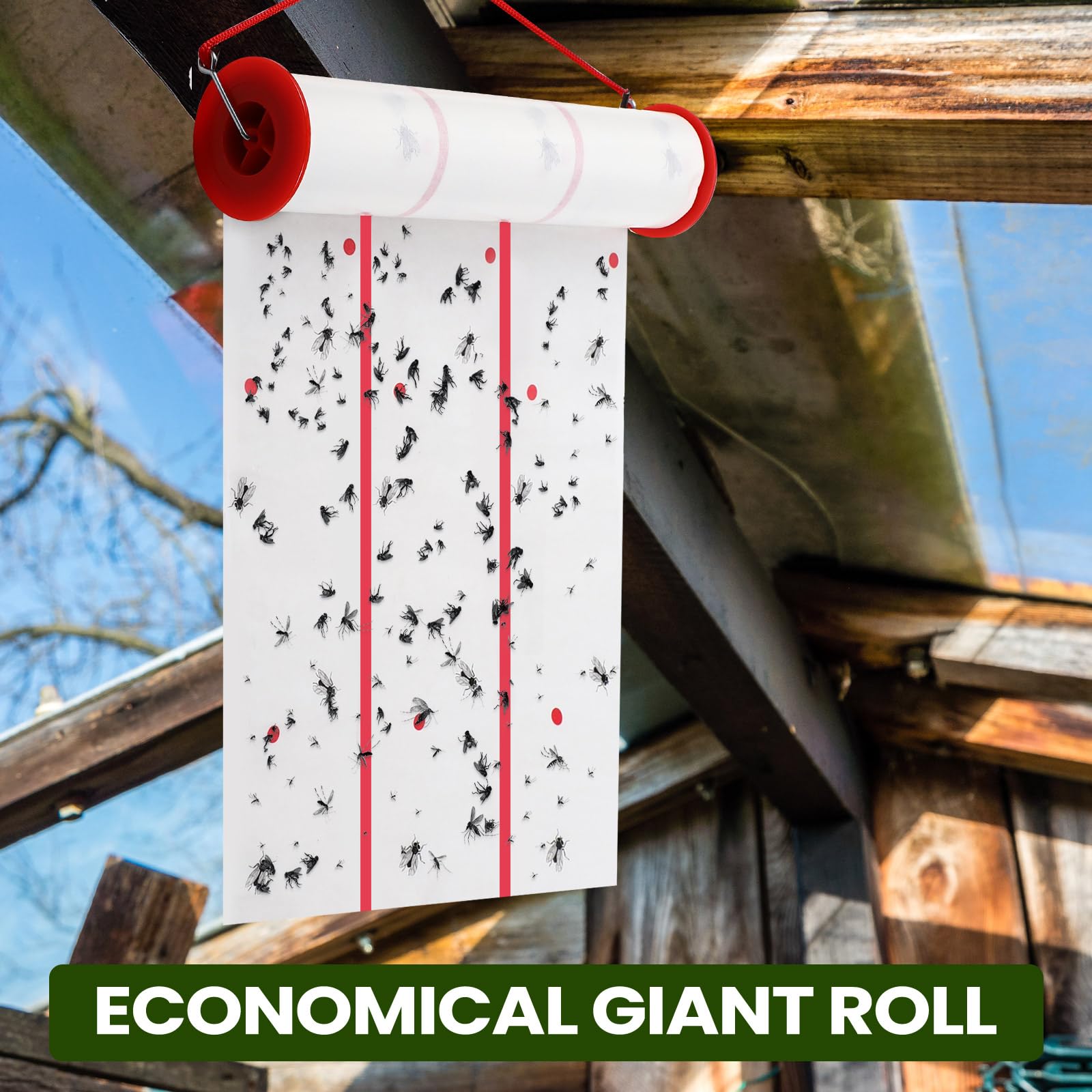 Qualirey flypaper installed on a porch showing discreet, effective pest control in lifestyle setting