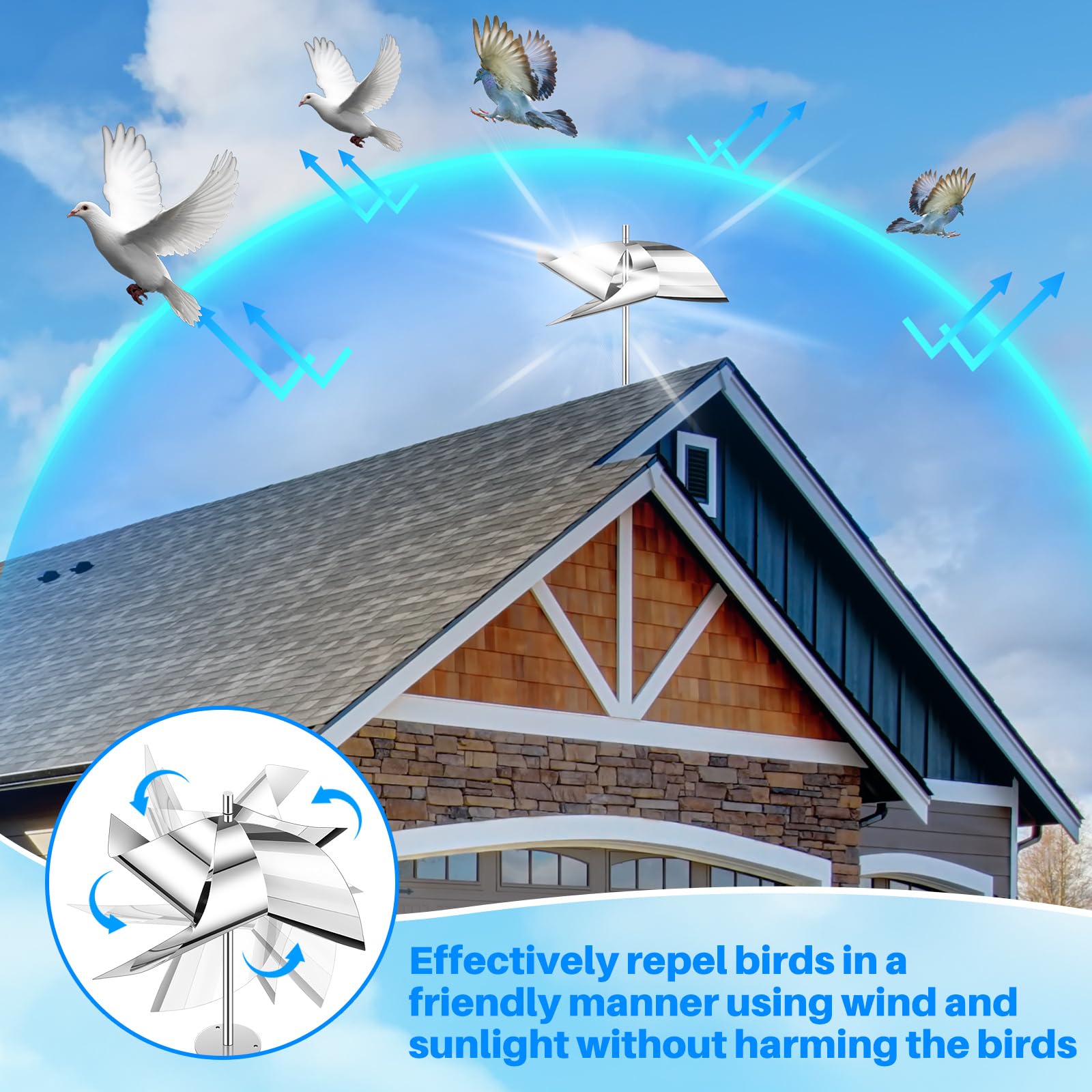 Qualirey pinwheel installed along roofline deterring nesting around eaves