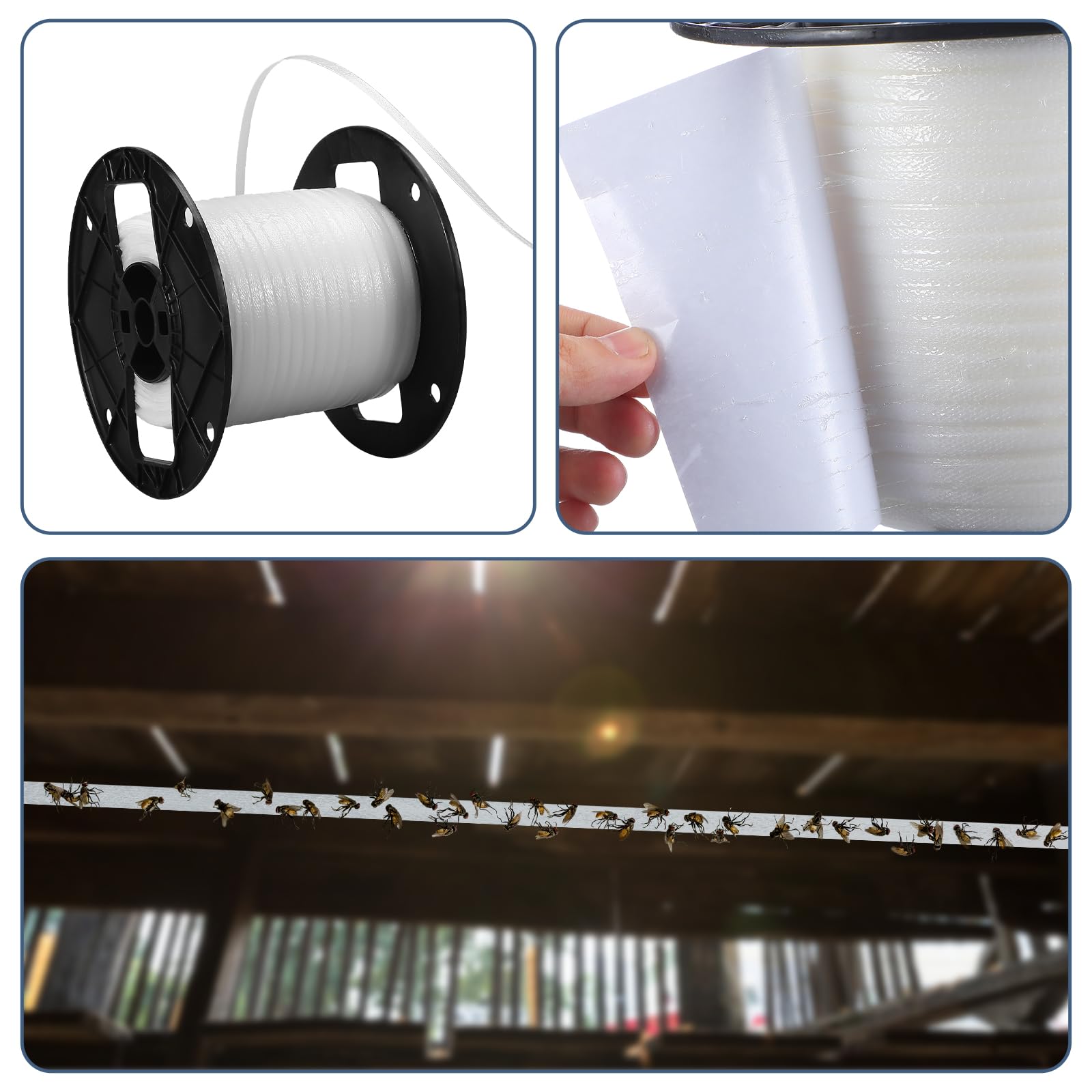 Qualirey unspooled tape hung in use capturing flies to show effective placement