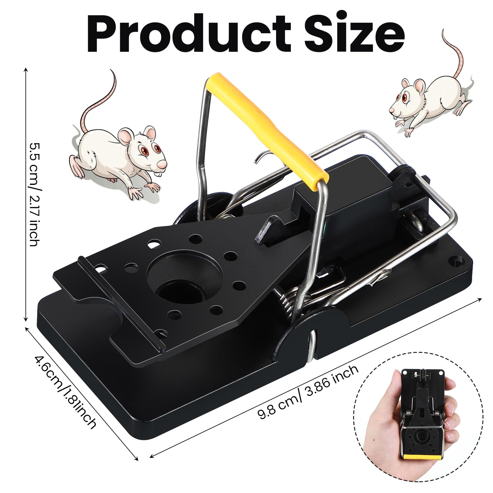 Qualirey trap held in hand to show 98 x 46 x 55 mm compact size advantage