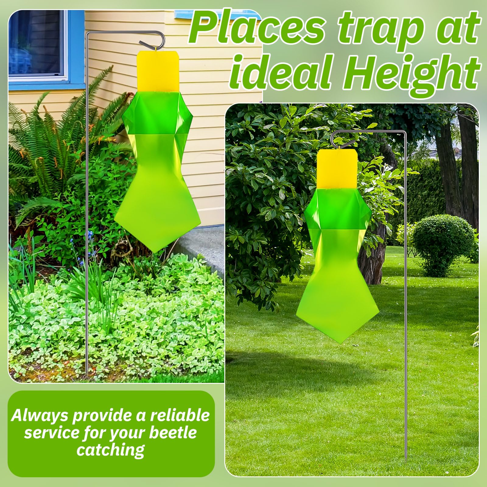 Qualirey stands in use beside flowers demonstrating raised placement and cleaner traps benefit