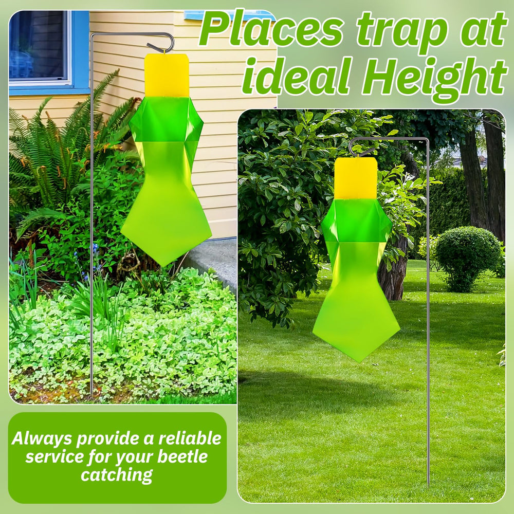 Qualirey stands in use beside flowers demonstrating raised placement and cleaner traps benefit