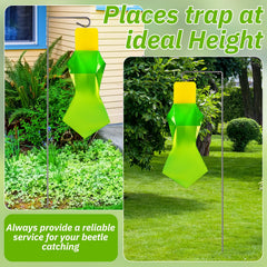 Qualirey stands in use beside flowers demonstrating raised placement and cleaner traps benefit