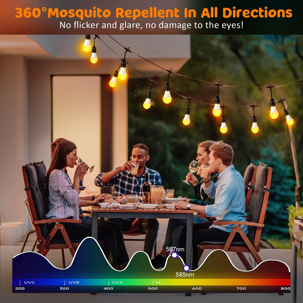 Qualirey string lights hung on patio creating insect-reduced atmosphere