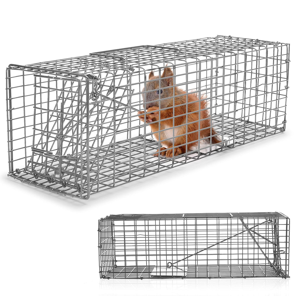 Qualirey front view of humane squirrel trap showing secure mesh and door benefit safer catches