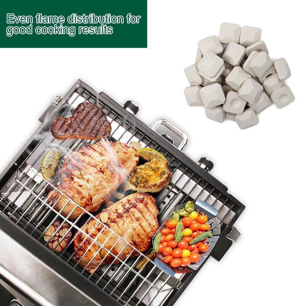 Quantfire briquettes arranged on burner pan to show improved heat distribution