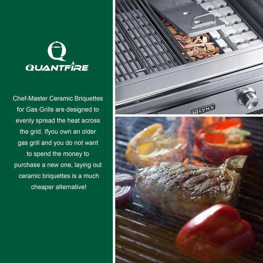 Quantfire briquette closeup absorbing drippings to reduce grease flares