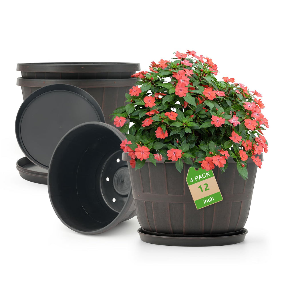 Quarut front view of 12-inch barrel planter showing classic look and easy styling